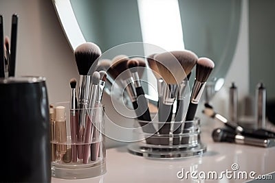 Makeup brushes in a glass. Clean professional makeup brushes set for make-up artist, cosmetics, make up theme. AI generated Stock Photo