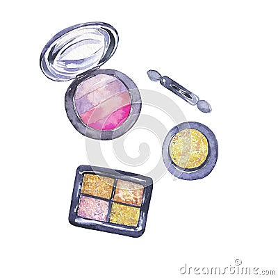 Makeup brushes and glitter eyeshadow set. Watercolor. Cartoon Illustration