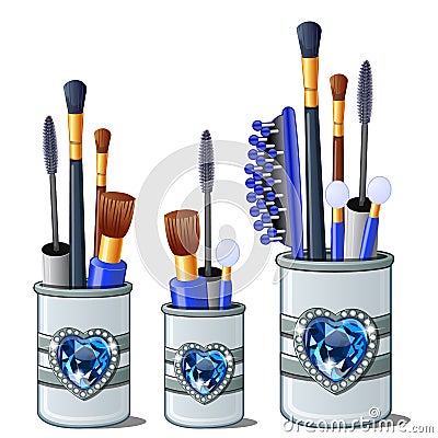 Blue makeup brushes, mascara, comb, cotton buds Vector Illustration