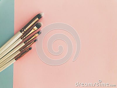 Makeup brushes on pink and blue cute background. makeup table for the princess. makeup tool for makeup artist. stylish look with a Stock Photo