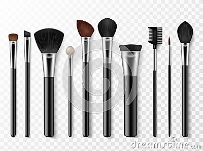 Makeup brushes. Realistic professional makeup artist tools for model face, fashion accessory for cosmetics, woman style Vector Illustration