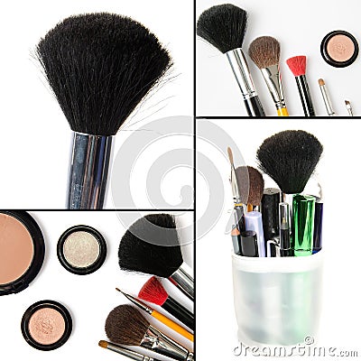 Makeup collage, brushes, eyeshadows, mascara Stock Photo