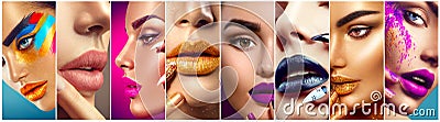 Makeup collage. Colorful lips, eyes, eyeshadows and nail art Stock Photo