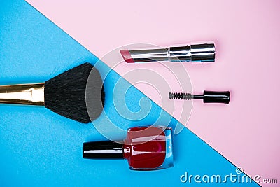 Makeup collection with lipstick, mascara, nail polish and brush Stock Photo