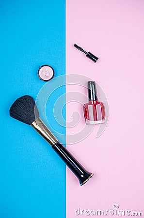 Makeup collection with lipstick, mascara, nail polish and brush Stock Photo