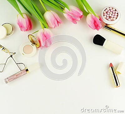 Makeup cosmetic accessories products and flowers Stock Photo