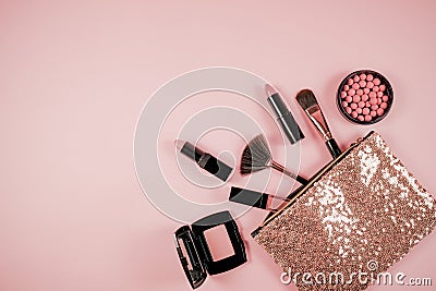 Makeup cosmetic flay lay pink cloral background Stock Photo