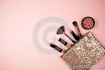 Makeup cosmetic flay lay pink cloral background Stock Photo