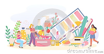 Makeup cosmetic and tiny female. Characters with powder, brush, cream, eye shadow and lipstick. Women using beauty Vector Illustration