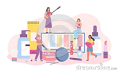 Makeup cosmetic and women. Tiny female characters with mascara, brush, cream and lipstick. Beauty and skincare products flat Vector Illustration