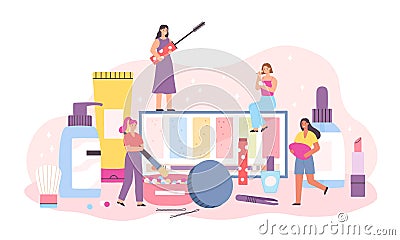 Makeup cosmetic and women. Tiny female characters with mascara, brush, cream and lipstick. Beauty and skincare products Vector Illustration