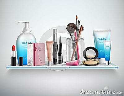 Makeup Cosmetics Accessories Shelf Realistic Image Vector Illustration