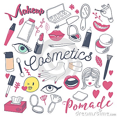 Makeup and Cosmetics Beauty Freehand Doodle. Hand Drawn Woman Fashion Elements Set Vector Illustration