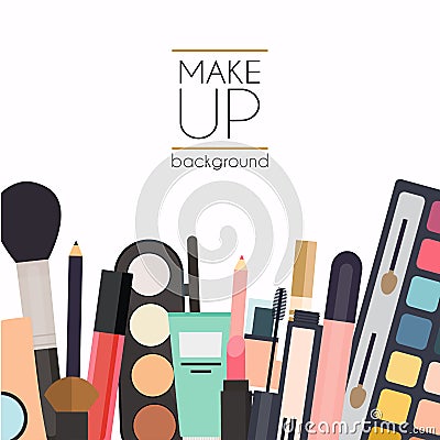 Makeup cosmetics and brushes on white background.Lipstick, eyeshadow, heart. Unusual creative set. Beauty flat lay concept in col Vector Illustration