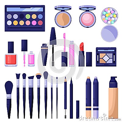 Makeup cosmetics colorful icons and design elements. Eyes, face, lips beauty and care products Vector Illustration