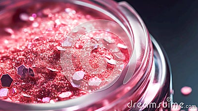 Makeup cosmetics, glittery loose face shadows or blush, glitters in jar, pink glitter background, barbicor style. Beauty Cartoon Illustration