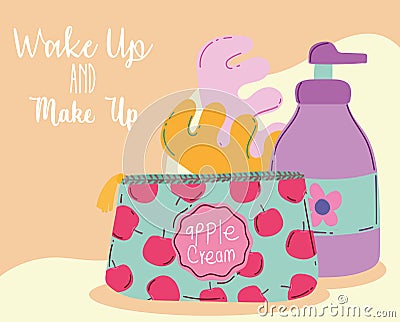 Makeup cosmetics product fashion beauty cosmetic bag pedicure separators and lotion bottle Vector Illustration