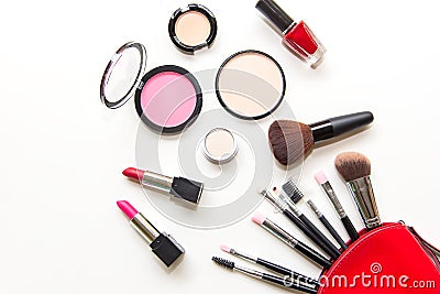 Makeup cosmetics tools background and beauty cosmetics, products and facial cosmetics package lipstick, eyeshadow on the white bac Stock Photo