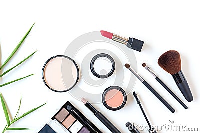 Makeup cosmetics tools background and beauty cosmetics, products and facial cosmetics package lipstick, eyeshadow on the white bac Stock Photo