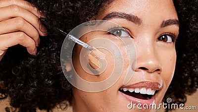 Makeup, face and woman in studio for beauty, product and foundation, shade and glamour closeup. Portrait, base and Stock Photo