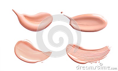 Makeup foundation cosmetic smear cream set isolated on white background. Light beige liquid foundation sample smears Stock Photo