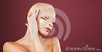 Makeup. foundation lines and face of woman with beauty products, cosmetics and contour on mockup studio background Stock Photo