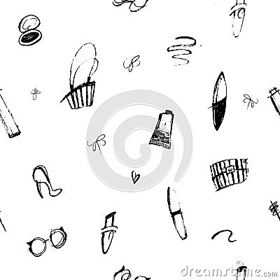 Makeup grunge seamless pattern with beauty items and freehand shapes for your promotion. Vector Illustration