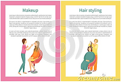 Makeup and Hair Styling Posters Set Text Spa Salon Vector Illustration