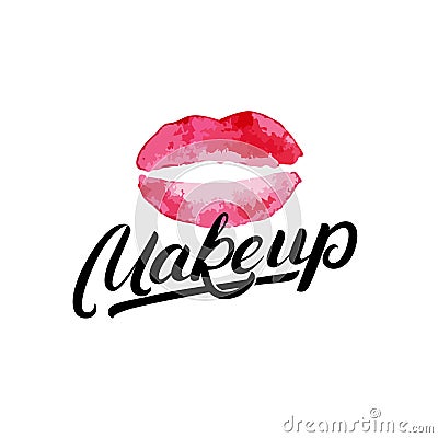 Makeup hand written lettering logo, label, emblem with watercolor lips. Vector Illustration