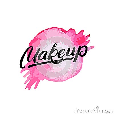 Makeup hand written lettering logo, label, emblem with watercolor splash. Vector Illustration