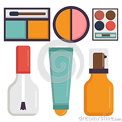 Makeup icons perfume mascara care brushes comb faced eyeshadow glamour female accessory vector. Vector Illustration
