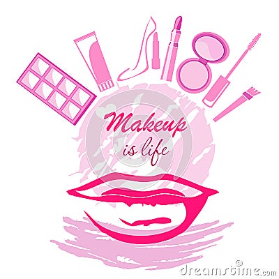Makeup if life concept with lips cream brush mascara eyeshadow Vector Illustration