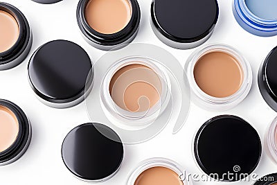 Makeup liquid foundation, beige concealer smears set. Light brown cosmetic make up base cream swatch smudge isolated on Stock Photo