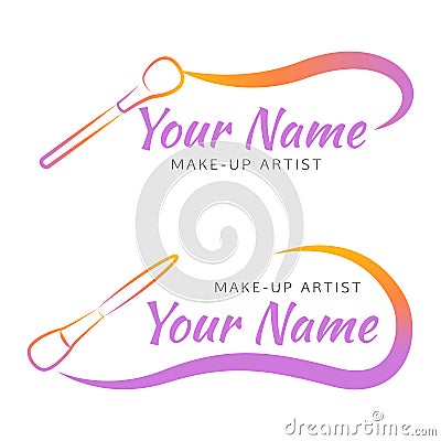 Makeup logo with brush and curved line. Vector Illustration