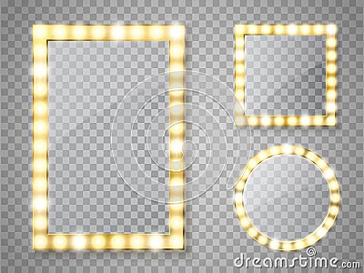 Makeup mirror isolated with lights. Vector square and round frames Vector Illustration