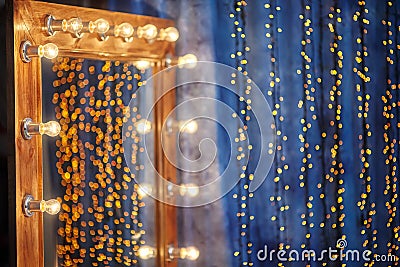 Makeup place in dressing room with mirror and light bulbs Stock Photo