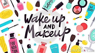 Makeup poster. Skincare cosmetic products, hand drawn doodle visage tools, face and body skincare concept vector Vector Illustration