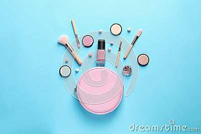 Makeup products with cosmetic bag Stock Photo