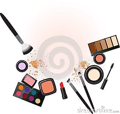 Makeup products on a soft pink and white background. Vector Illustration