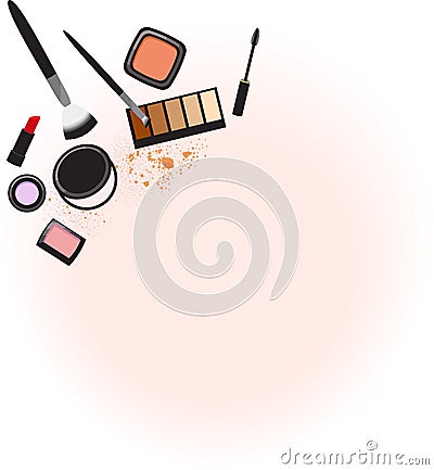 Makeup products on a soft pink and white background. Vector Illustration