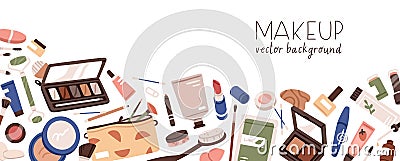 Makeup promotion banner design. Ad background with cosmetics products, sale advertisement. Beauty saloon tools Vector Illustration