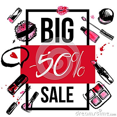 Makeup promotion banner with make up items. Cosmetic products in grunge style Vector Illustration