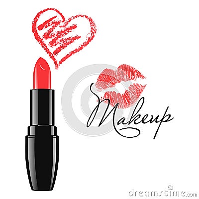 Makeup red lipstick and doodle heart isolated vector illustration Vector Illustration