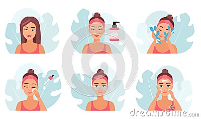 Makeup removal set, girls remove visage with cleansing gel and water, use cotton pad Vector Illustration