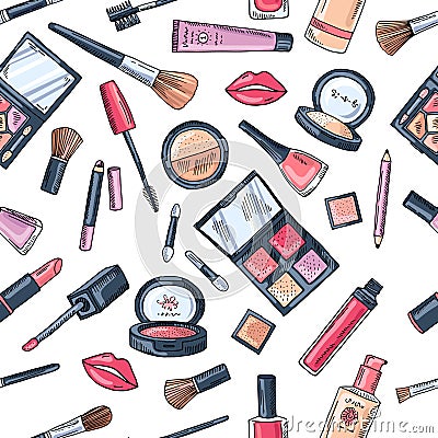 Makeup seamless pattern. Illustrations of different cosmetics Vector Illustration