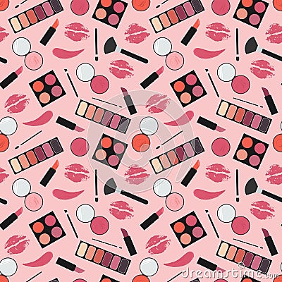 Makeup. Seamless pattern. Makeup kit. Lipstick, eye shadow, blush, lip print, kisses, swatch Vector Illustration