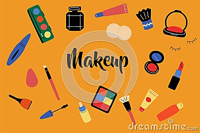 Makeup set. Doodle style women cosmetic products collection with hand drawn text. Blush and eyeshadow brushes, bright Stock Photo