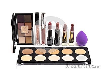 Eye shadow and lipstick on a white background Stock Photo