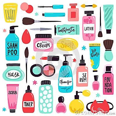 Makeup skincare elements. Cosmetics products, doodle visage tools, lipstick, cream, hand drawn skincare cosmetic bottles Vector Illustration