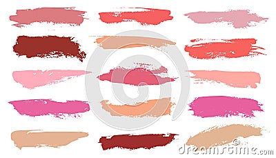Makeup strokes. swatches of crushed texture pink lipstick and beautiful fashion cosmetics smear paint for face vector Vector Illustration
